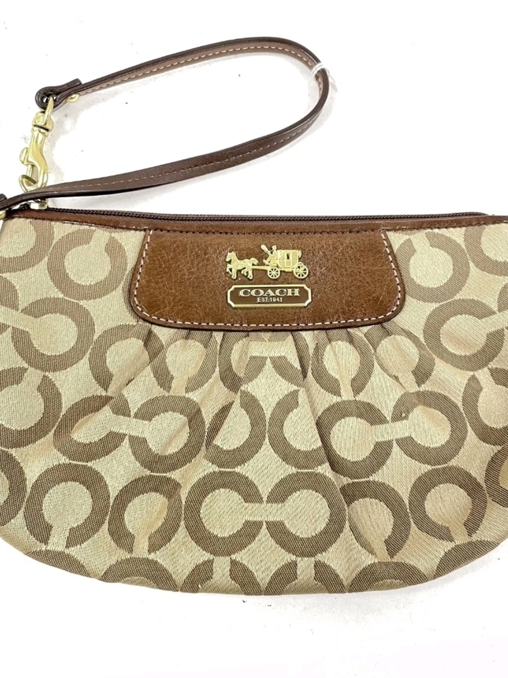 Coach Beige and Brown Signature Canvas Wristlet